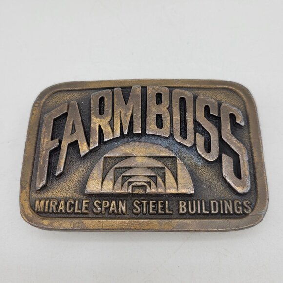 Vintage Farmboss Brass Belt Buckle Miracle Span Steel Buildings Overland Prk, KS - Picture 1 of 9